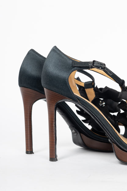 Lanvin AW12 "Les 10 Ans" Black Satin Embellished-Bow Platform Sandals