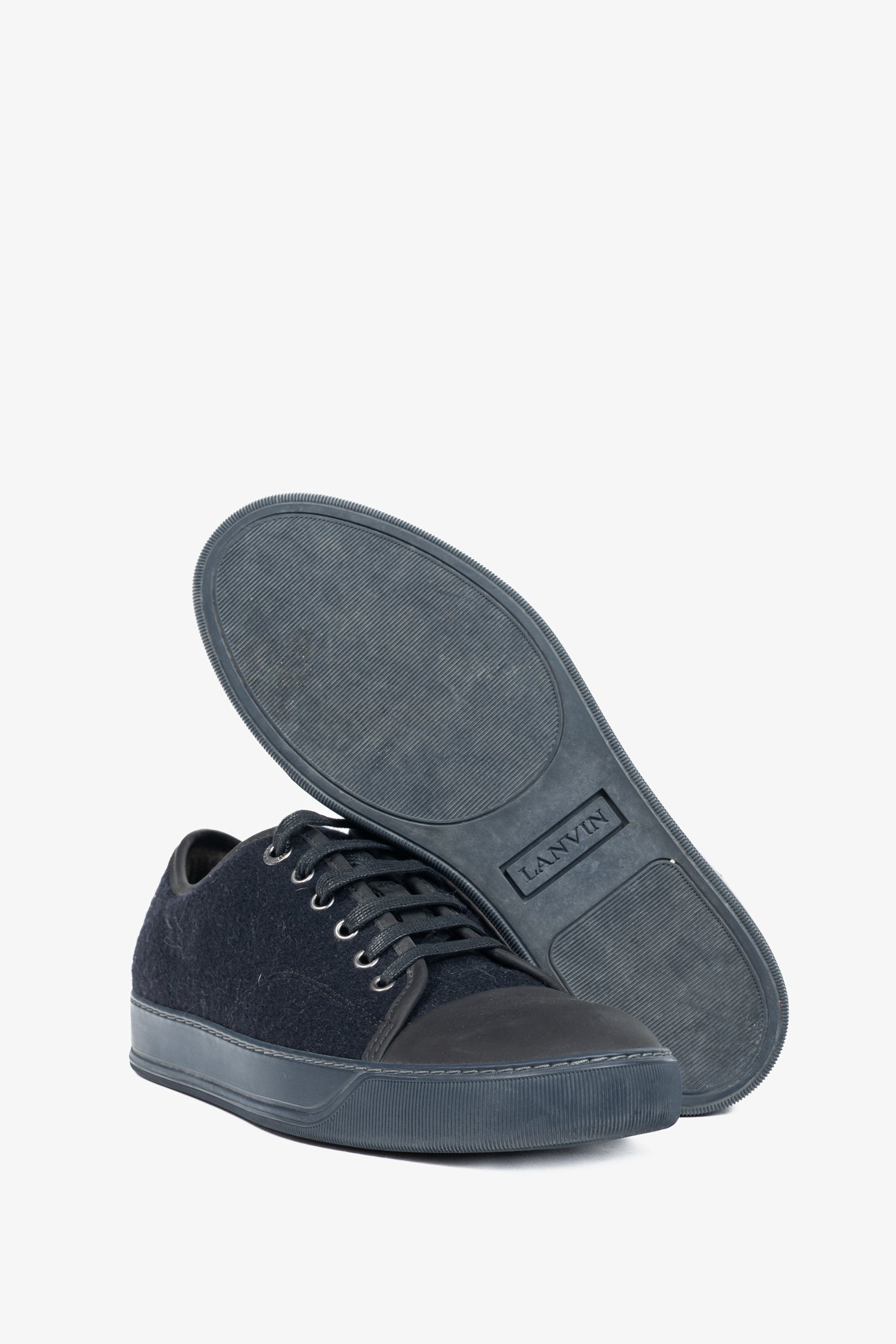 Lanvin Navy Felted Wool Low-Top Sneakers