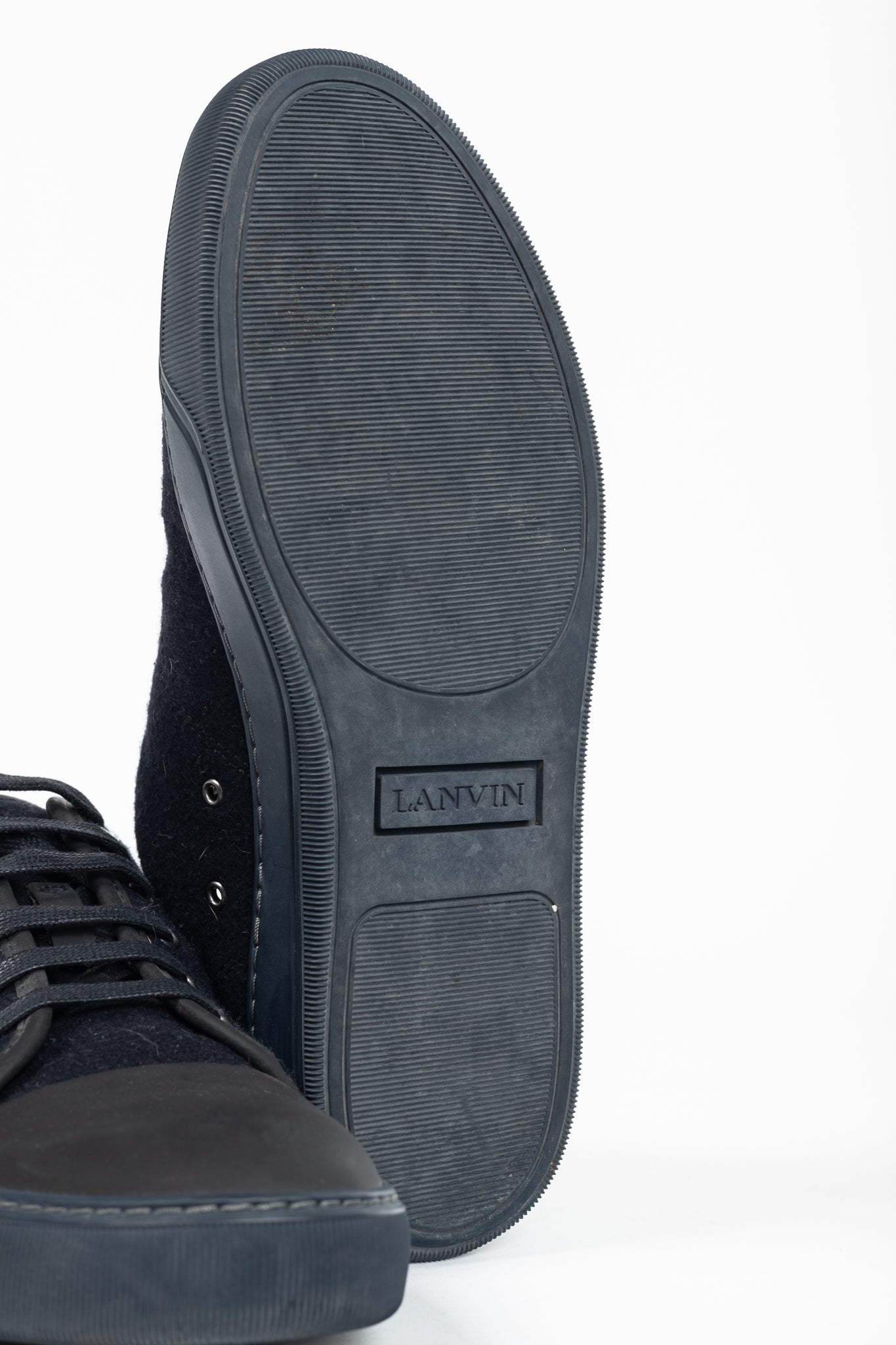 Lanvin Navy Felted Wool Low-Top Sneakers