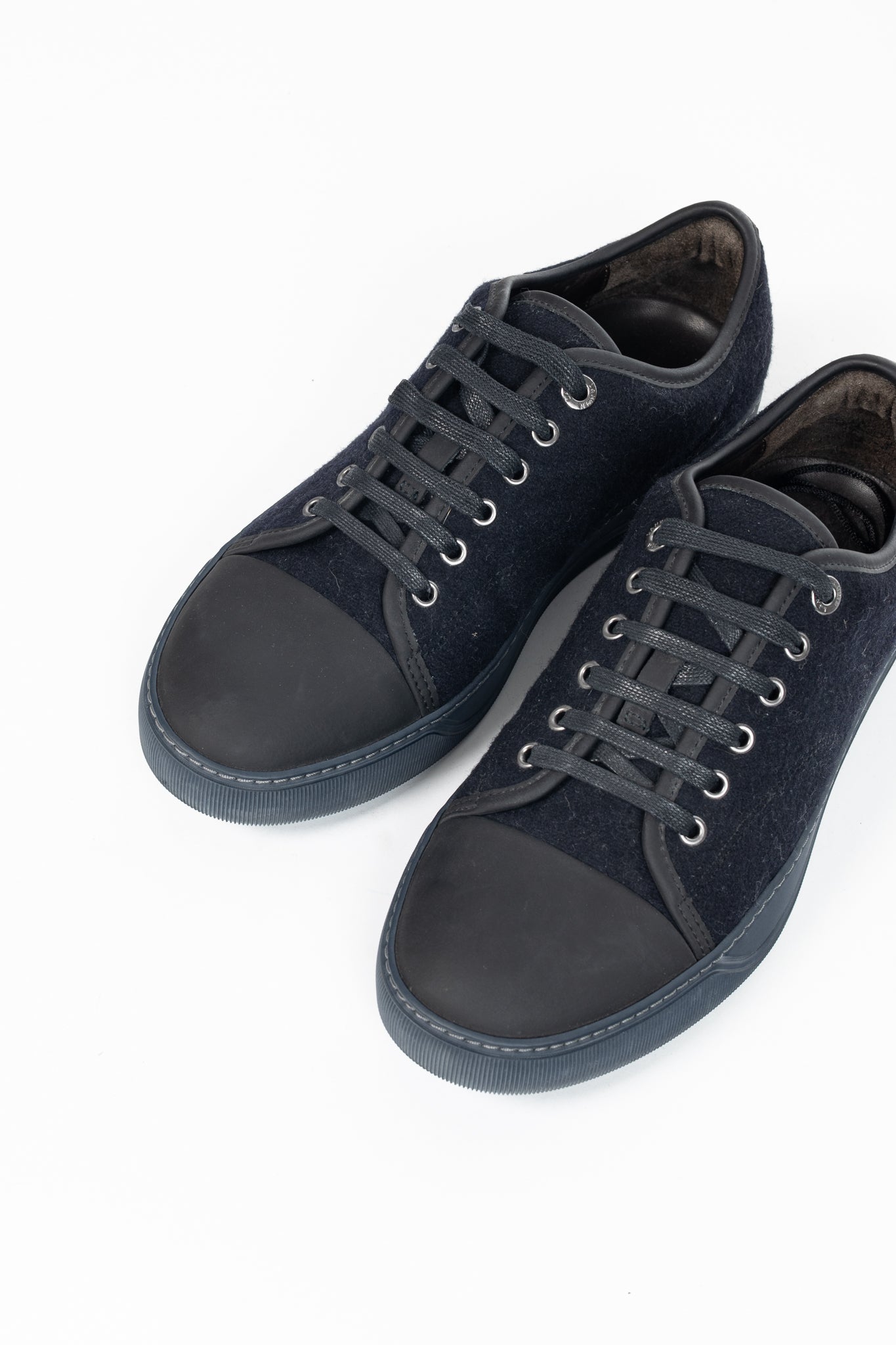 Lanvin Navy Felted Wool Low-Top Sneakers
