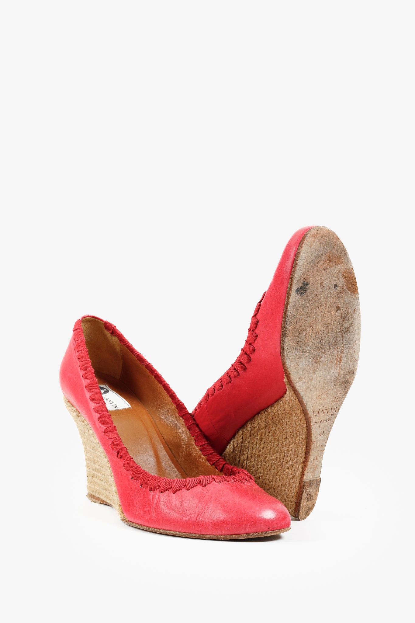 Lanvin Pink Leather Ribbon Accent Wedge Espadrilles