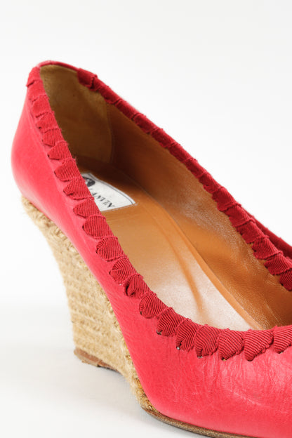 Lanvin Pink Leather Ribbon Accent Wedge Espadrilles