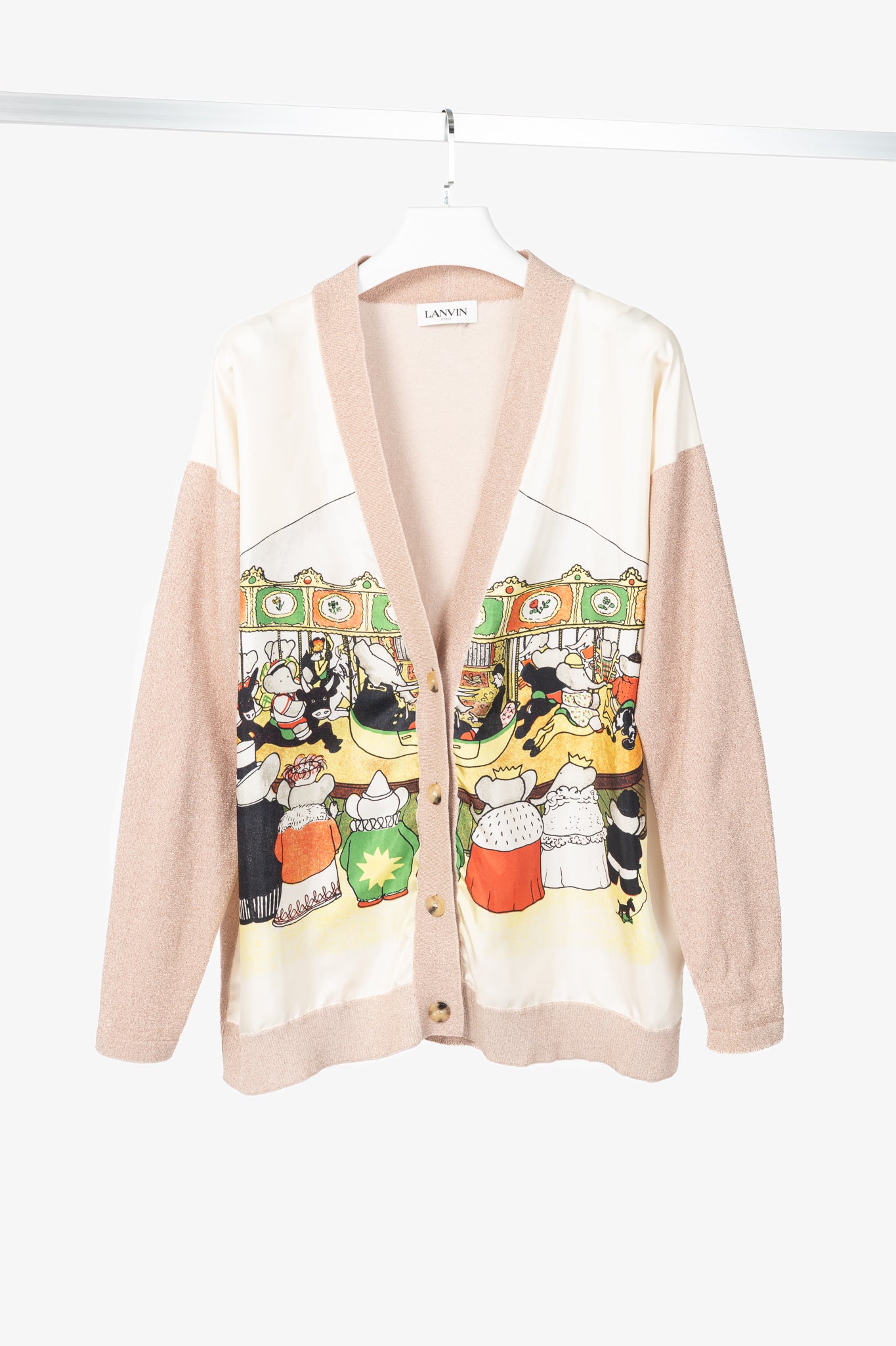 Lanvin AW20 Pale Pink Babar-Print Lame-Knit Cardigan