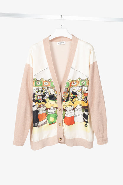 Lanvin AW20 Pale Pink Babar-Print Lame-Knit Cardigan
