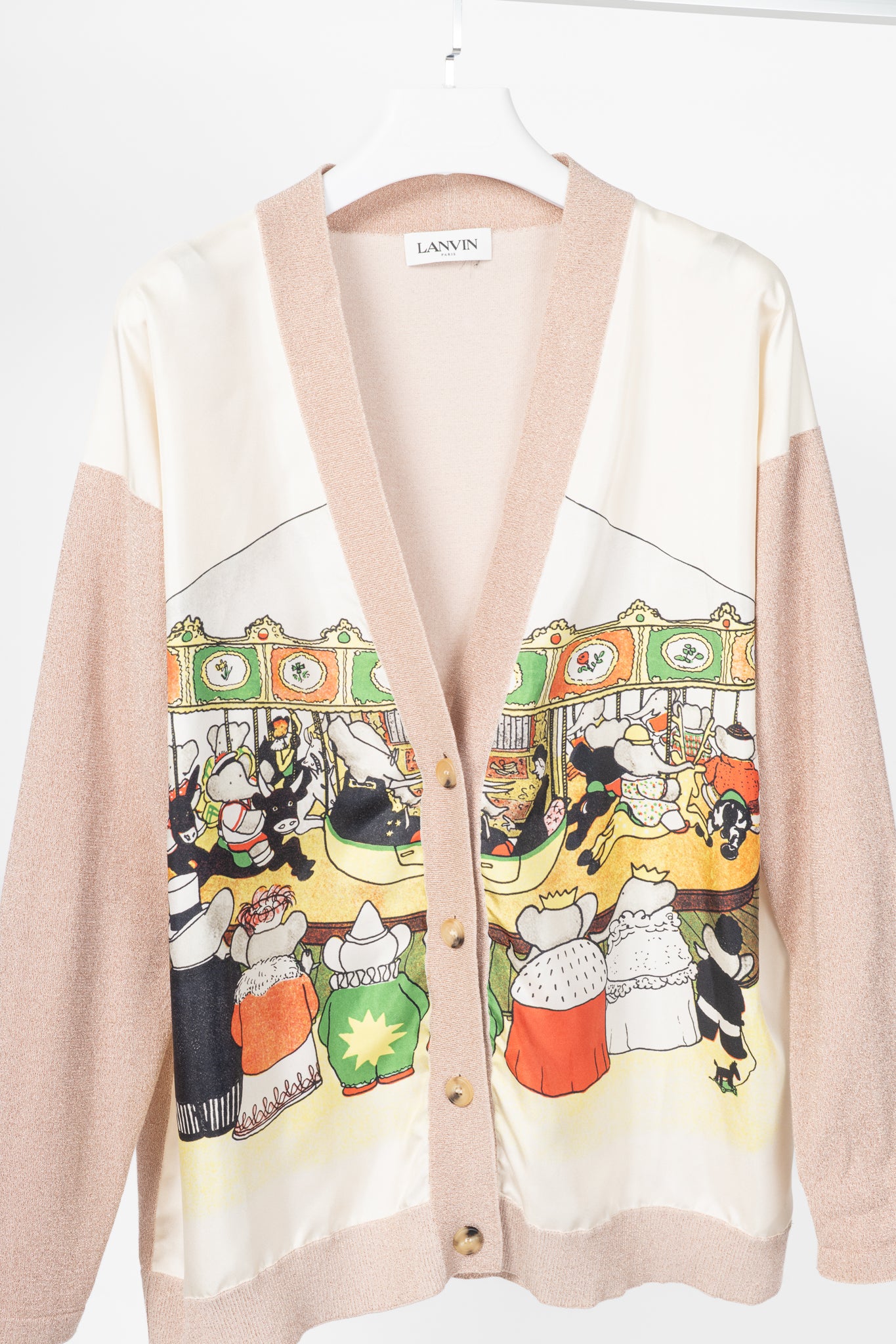 Lanvin AW20 Pale Pink Babar-Print Lame-Knit Cardigan