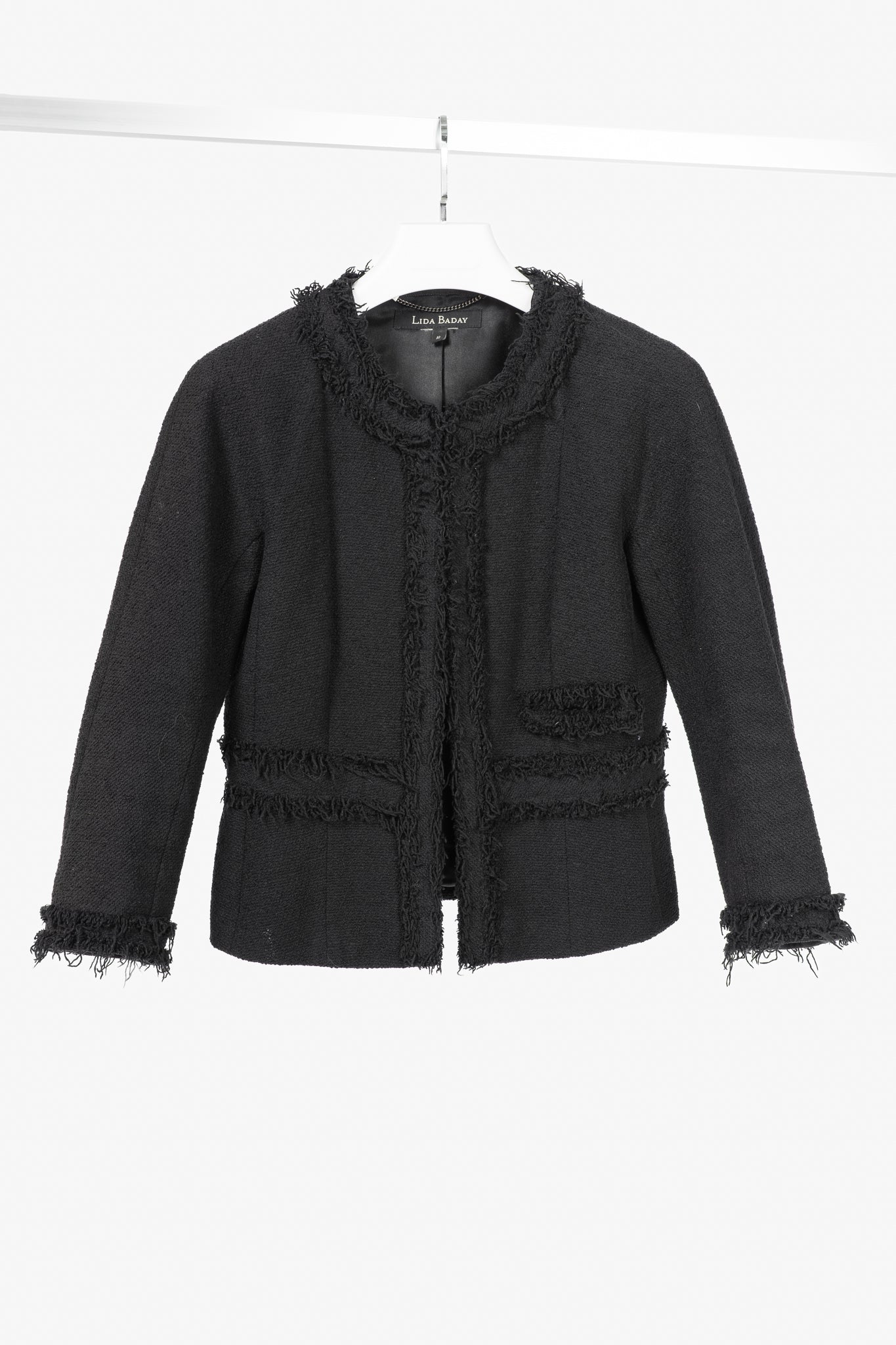 Lida Baday Black Boucle Tweed Fringe-Trim Jacket