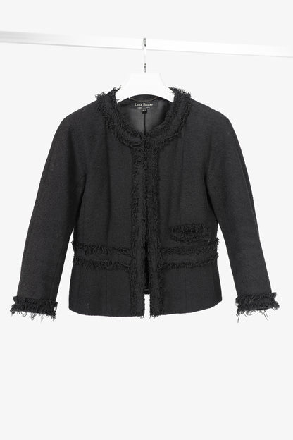 Lida Baday Black Boucle Tweed Fringe-Trim Jacket