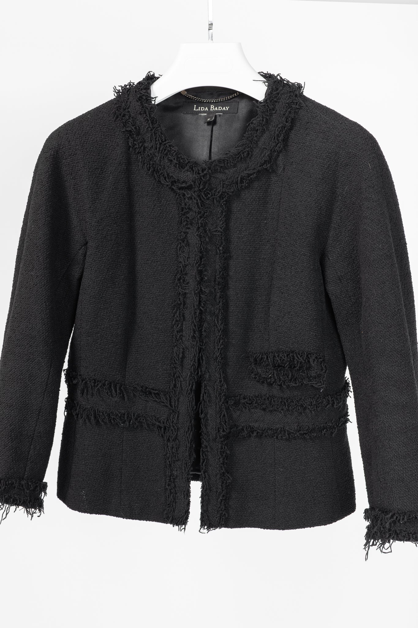 Lida Baday Black Boucle Tweed Fringe-Trim Jacket