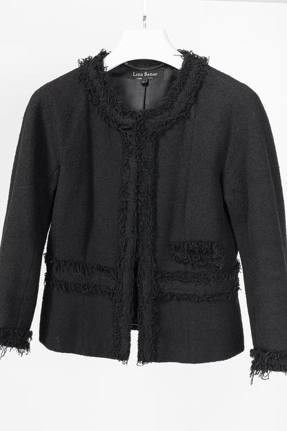 Lida Baday Black Boucle Tweed Fringe-Trim Jacket