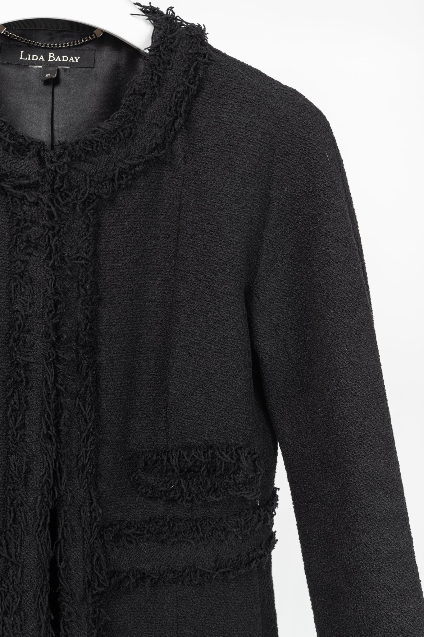 Lida Baday Black Boucle Tweed Fringe-Trim Jacket