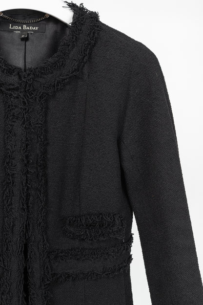 Lida Baday Black Boucle Tweed Fringe-Trim Jacket