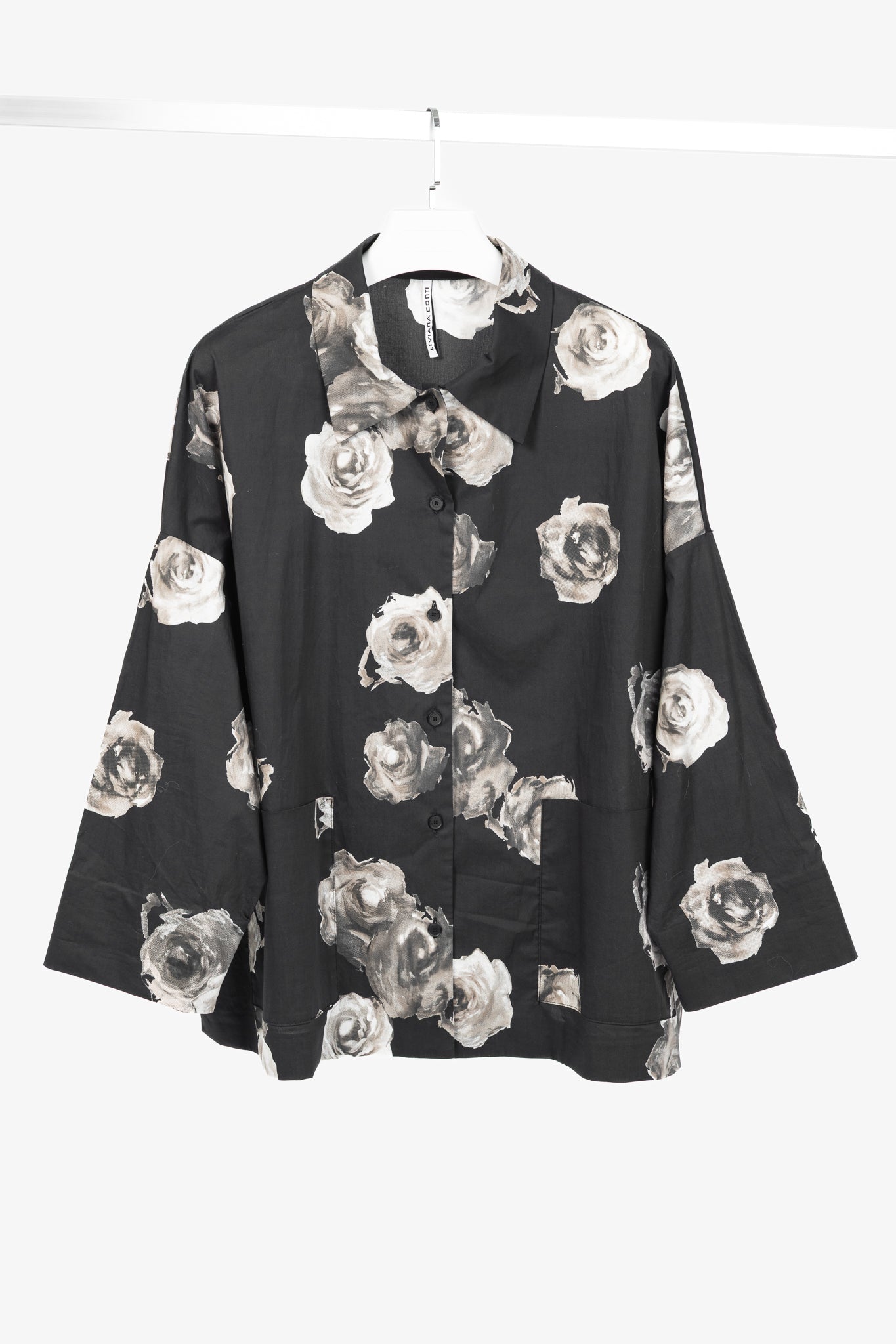 Liviana Conti SS/25 Black Floral-Print Cotton-Poplin Oversized Shirt Jacket