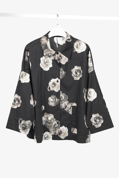 Liviana Conti SS/25 Black Floral-Print Cotton-Poplin Oversized Shirt Jacket