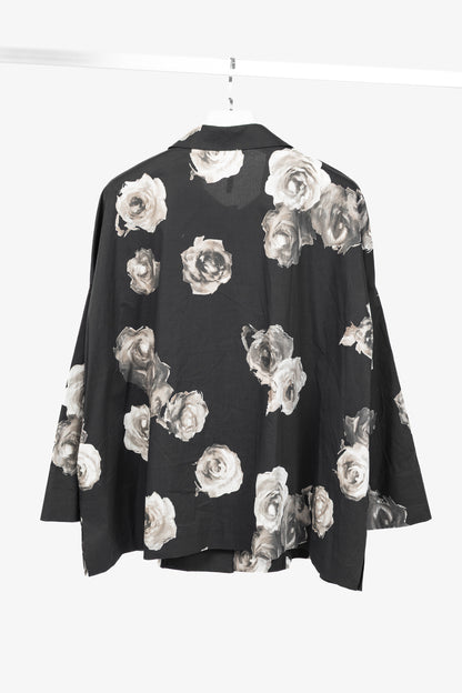 Liviana Conti SS/25 Black Floral-Print Cotton-Poplin Oversized Shirt Jacket