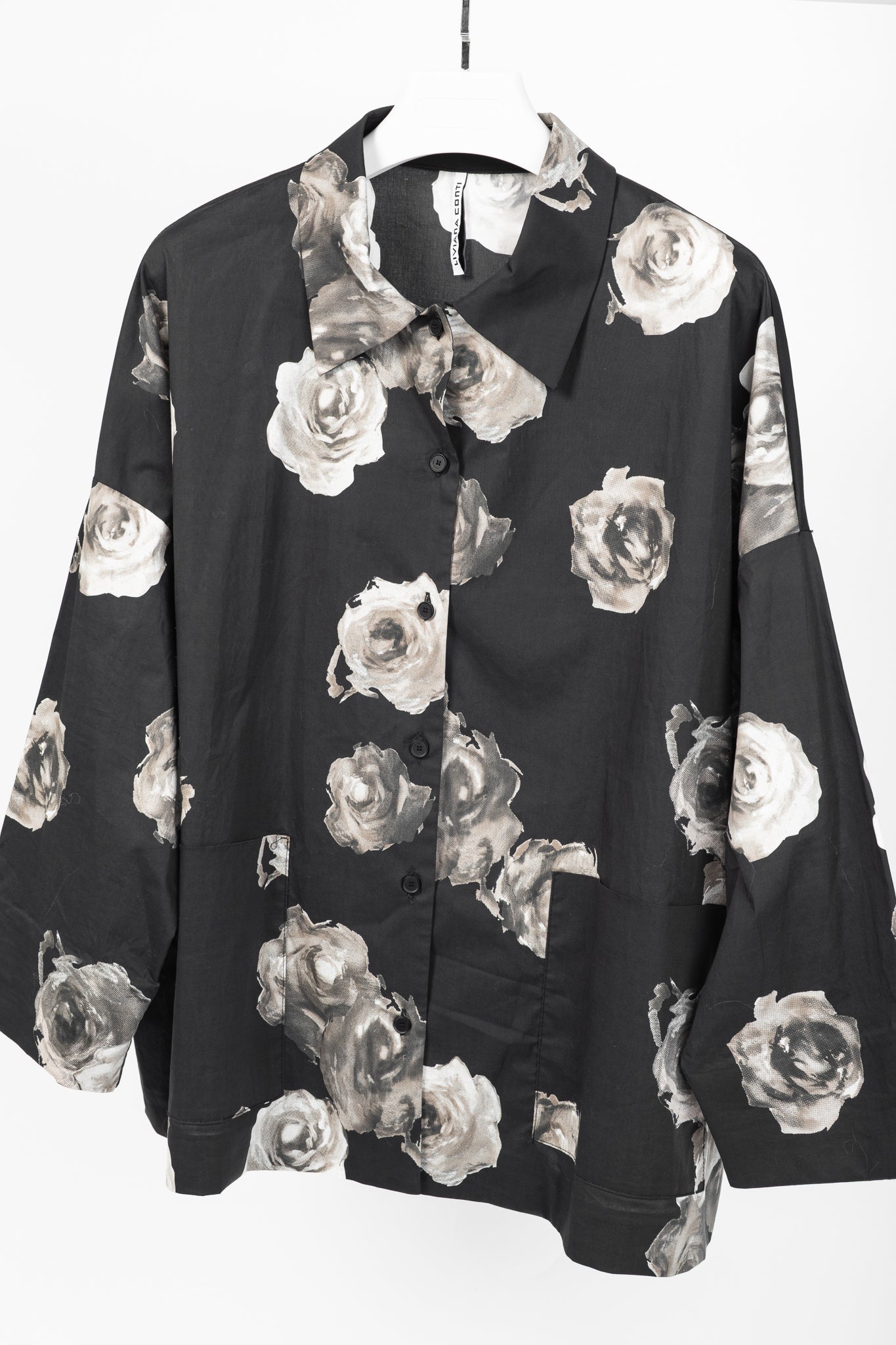 Liviana Conti SS/25 Black Floral-Print Cotton-Poplin Oversized Shirt Jacket