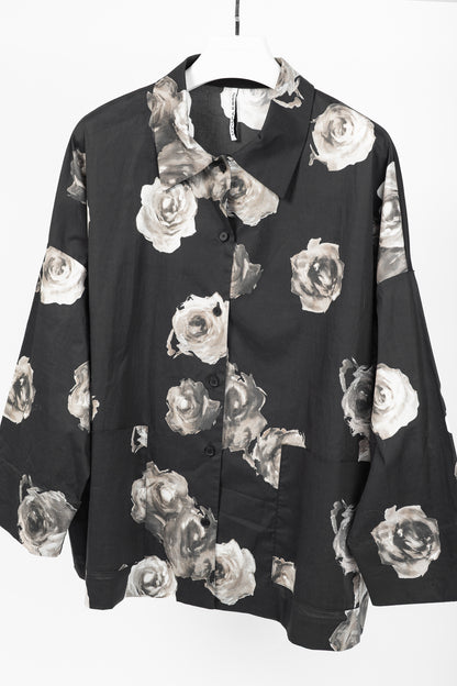 Liviana Conti SS/25 Black Floral-Print Cotton-Poplin Oversized Shirt Jacket