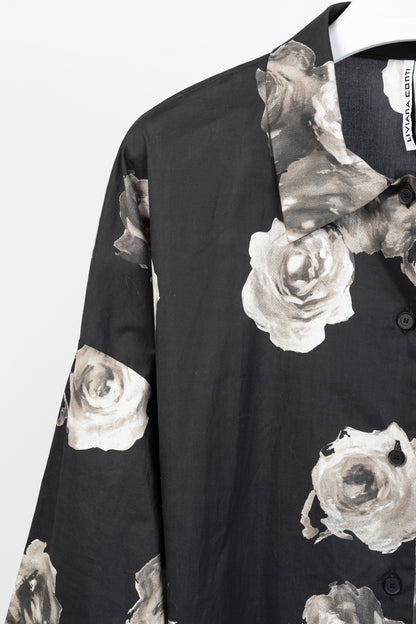 Liviana Conti SS/25 Black Floral-Print Cotton-Poplin Oversized Shirt Jacket