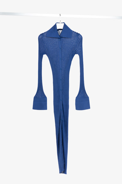 Loewe Night Blue Ribbed-Knit Buttoned Midi Dress