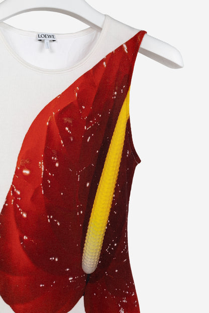 Loewe SS/23 White Anthurium Floral Ribbed-Cotton Maxi Tank Dress