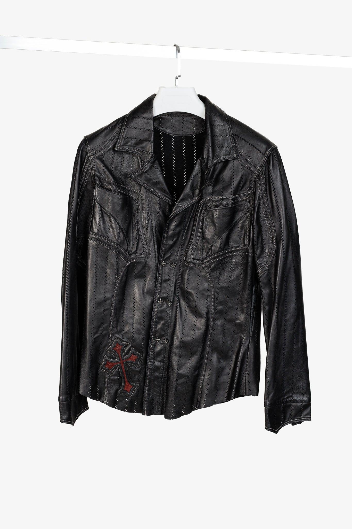 Logan Riese Black Peforated-Leather Cross-Applique Jacket