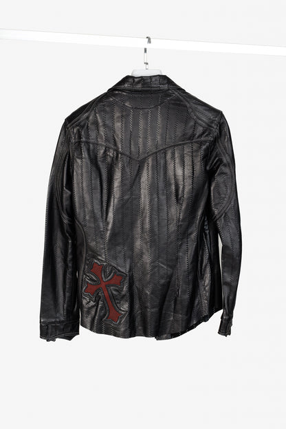 Logan Riese Black Peforated-Leather Cross-Applique Jacket