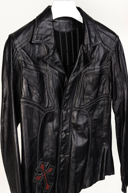 Logan Riese Black Peforated-Leather Cross-Applique Jacket