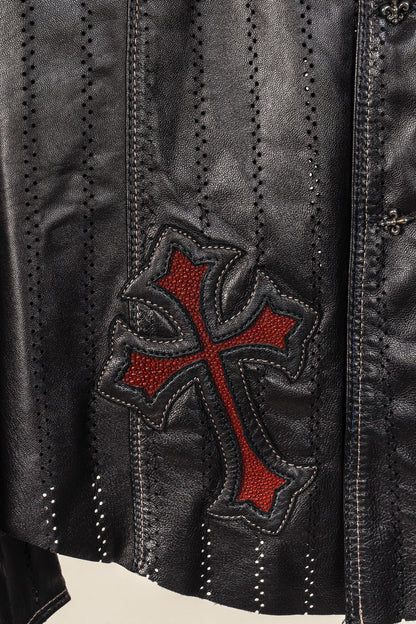 Logan Riese Black Peforated-Leather Cross-Applique Jacket