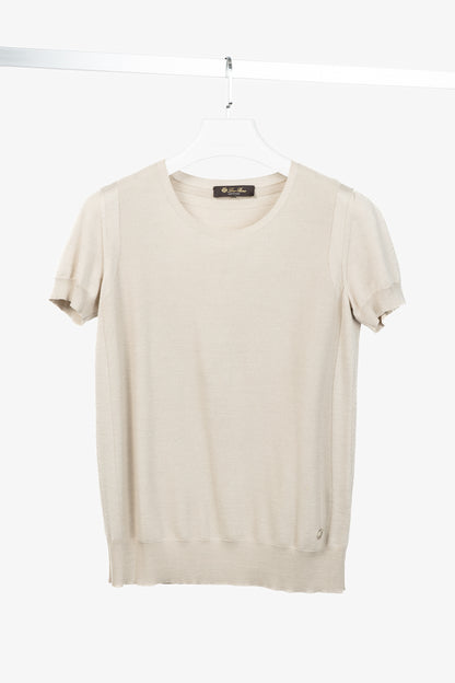 Loro Piana Beige Silk & Cotton Knit Short-Sleeve Sweater