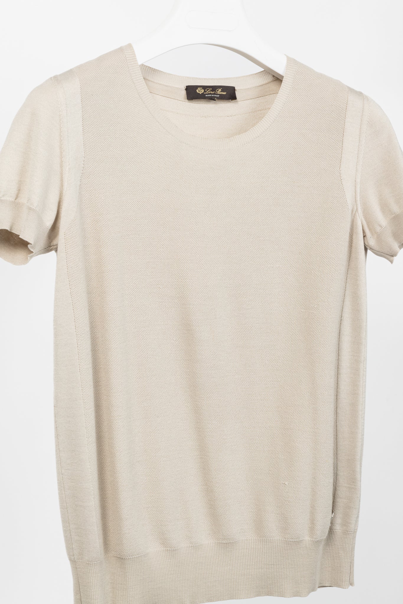 Loro Piana Beige Silk & Cotton Knit Short-Sleeve Sweater