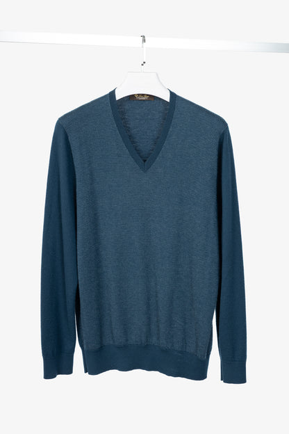 Loro Piana Blue Cashmere-Knit V-Neck Sweater