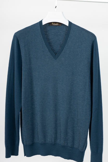 Loro Piana Blue Cashmere-Knit V-Neck Sweater