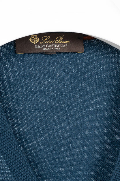 Loro Piana Blue Cashmere-Knit V-Neck Sweater