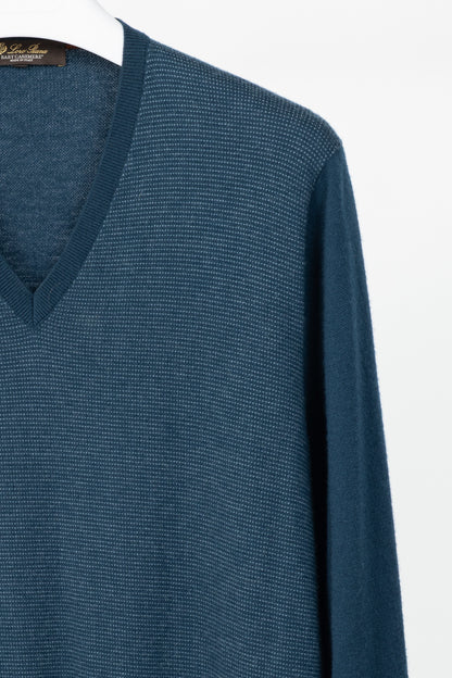 Loro Piana Blue Cashmere-Knit V-Neck Sweater