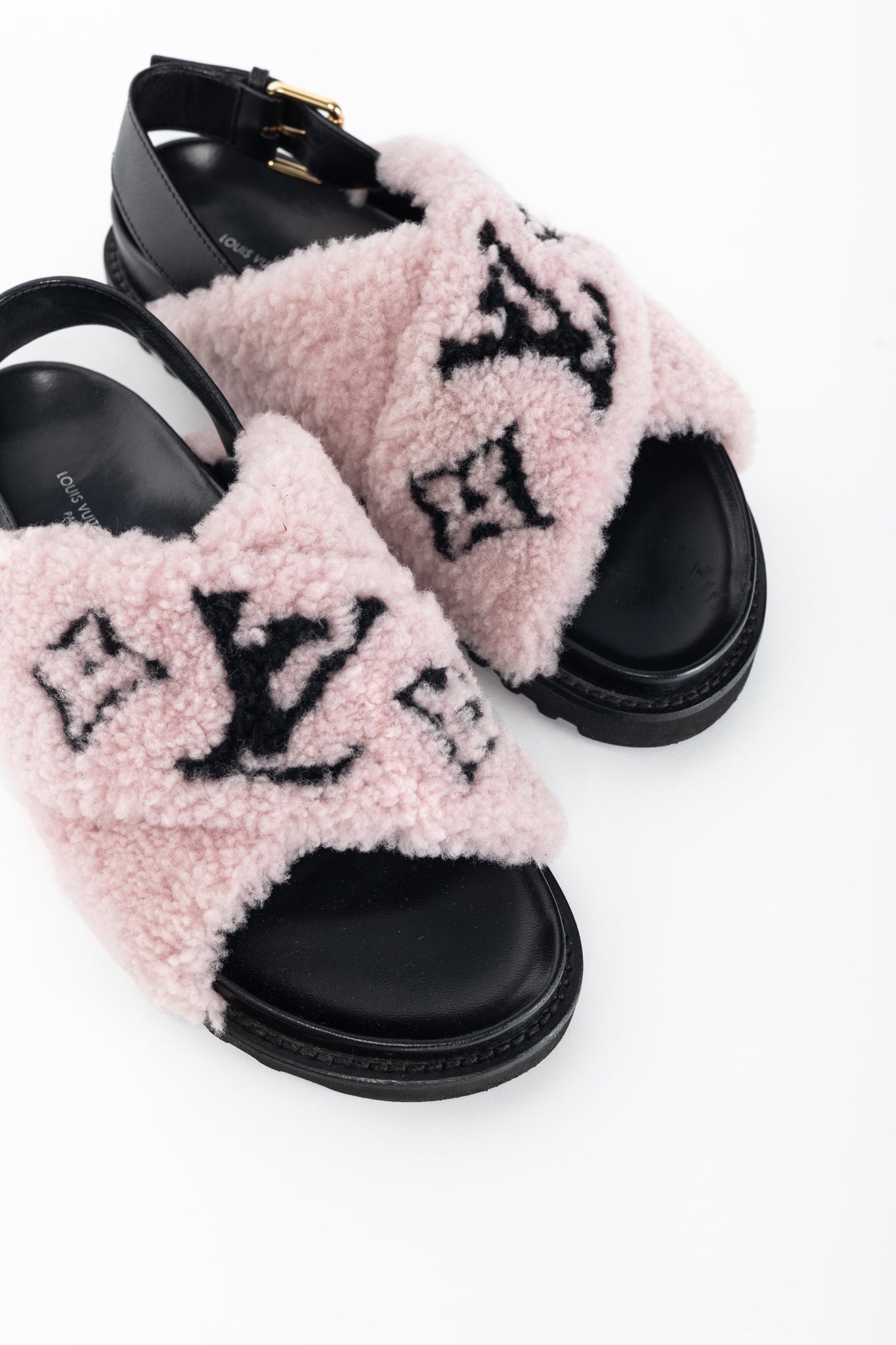 Louis Vuitton Paseo Pink Shearling Monogram Slingback Sandals