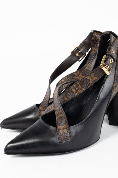 Louis Vuitton Matchmake Black Leather & Monogram Canvas Crossover Pumps