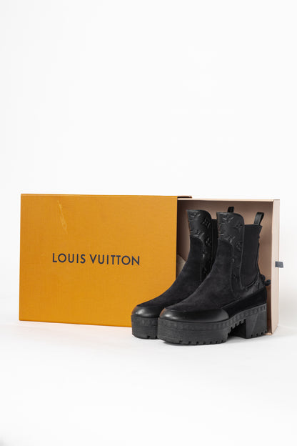 Louis Vuitton Laureate Black Suede & Monogram-Leather Platform Chelsea Boot