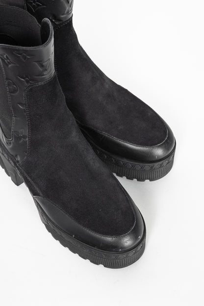 Louis Vuitton Laureate Black Suede & Monogram-Leather Platform Chelsea Boot