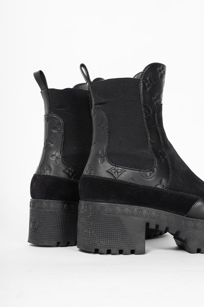 Louis Vuitton Laureate Black Suede & Monogram-Leather Platform Chelsea Boot