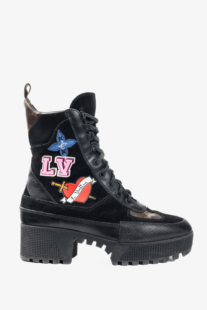 Louis Vuitton Laureate Black Suede & Monogram Canvas Patch-Applique Platform Desert Boots