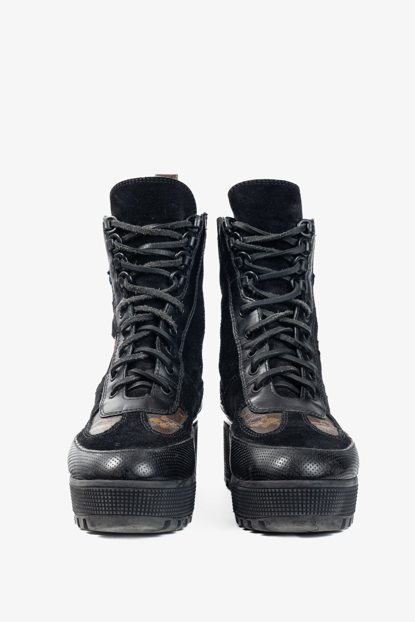 Louis Vuitton Laureate Black Suede & Monogram Canvas Patch-Applique Platform Desert Boots