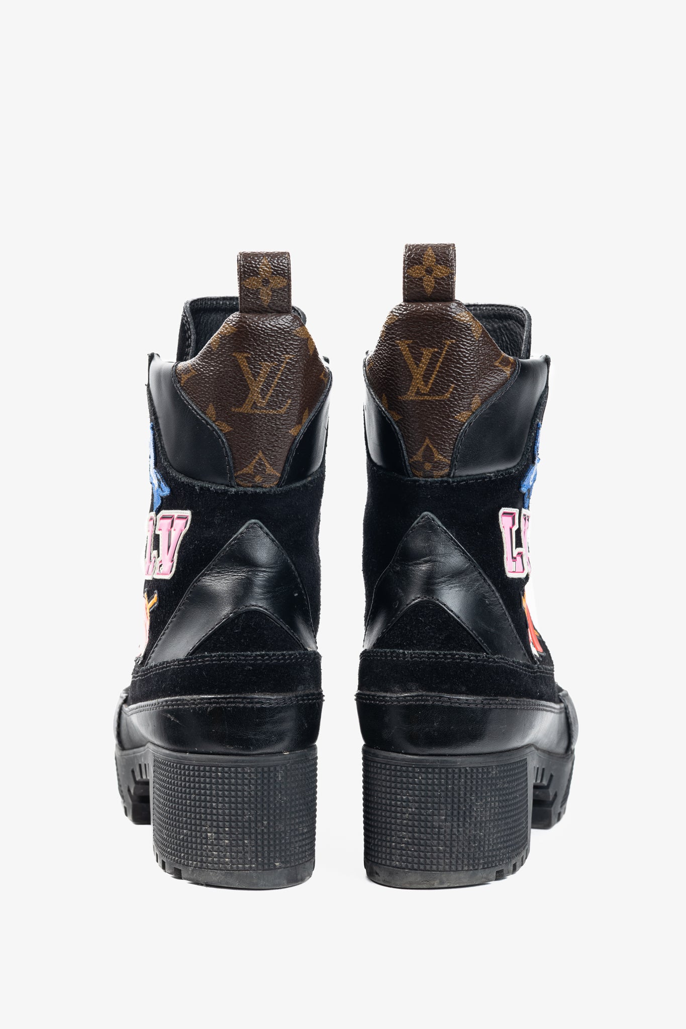 Louis Vuitton Laureate Black Suede & Monogram Canvas Patch-Applique Platform Desert Boots