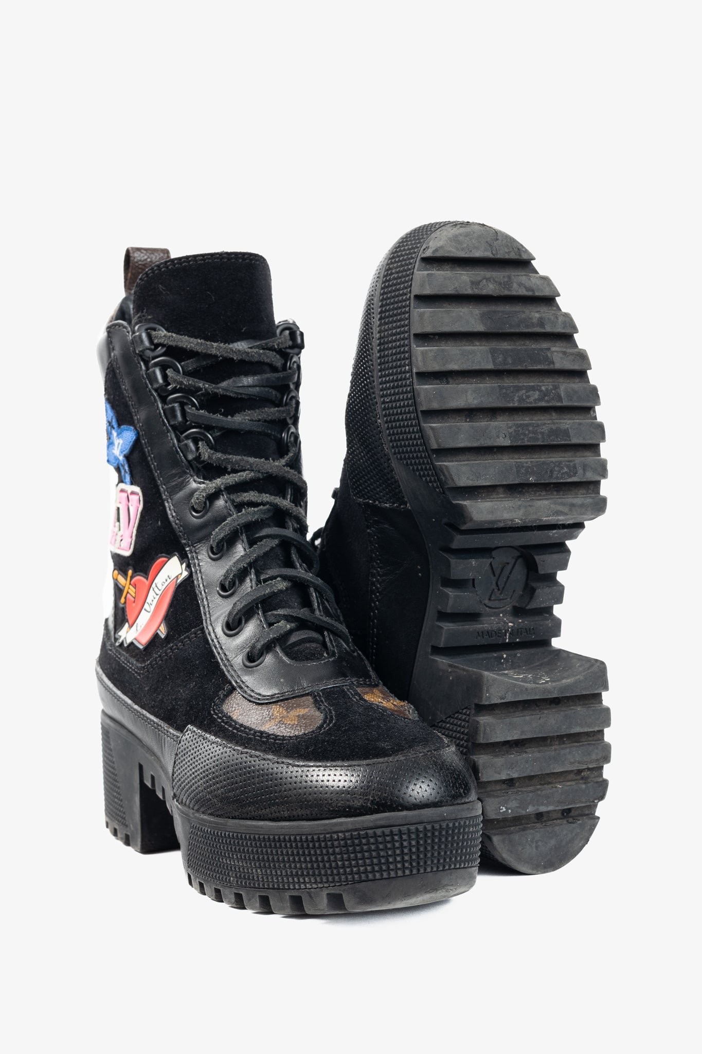 Louis Vuitton Laureate Black Suede & Monogram Canvas Patch-Applique Platform Desert Boots