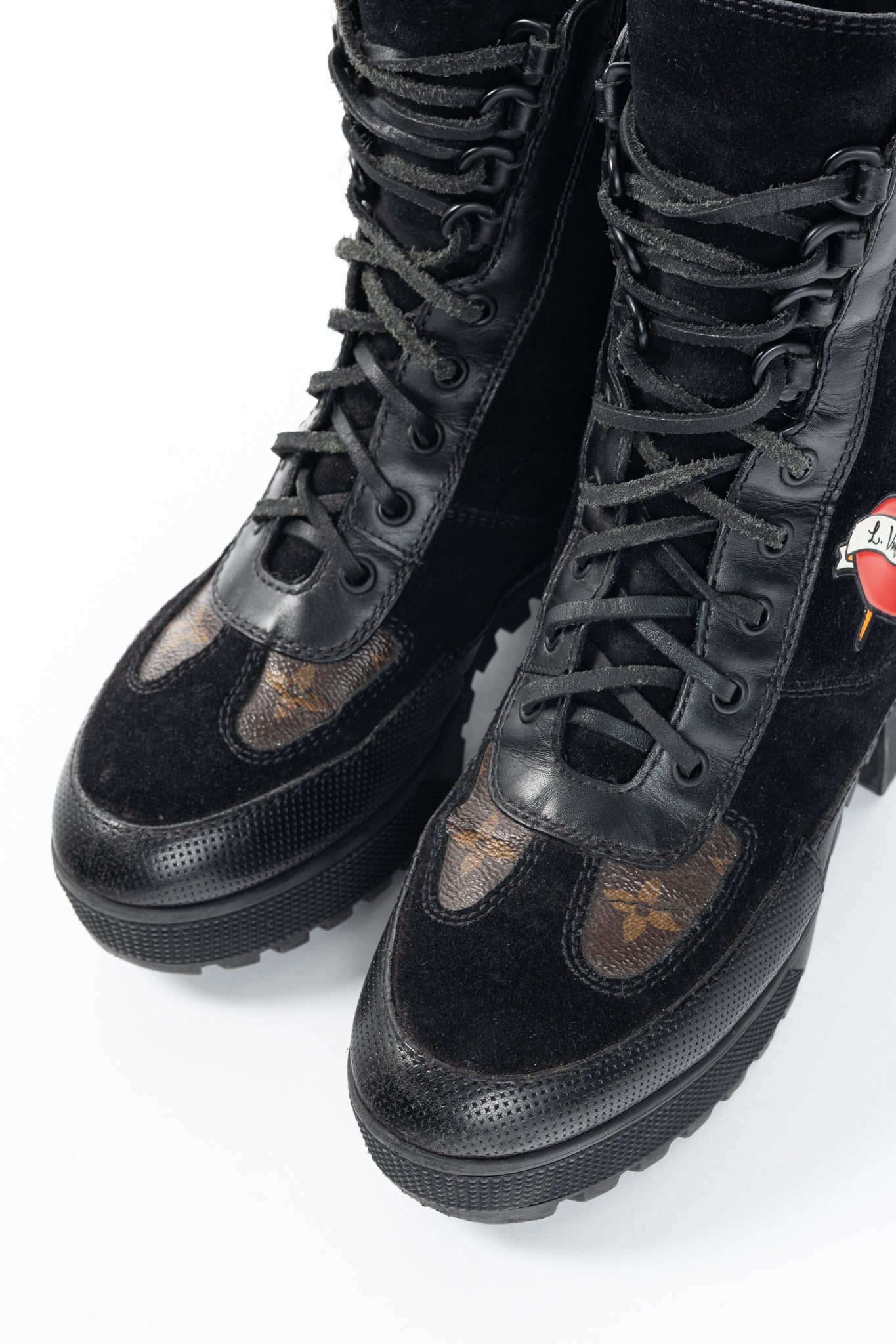 Louis Vuitton Laureate Black Suede & Monogram Canvas Patch-Applique Platform Desert Boots