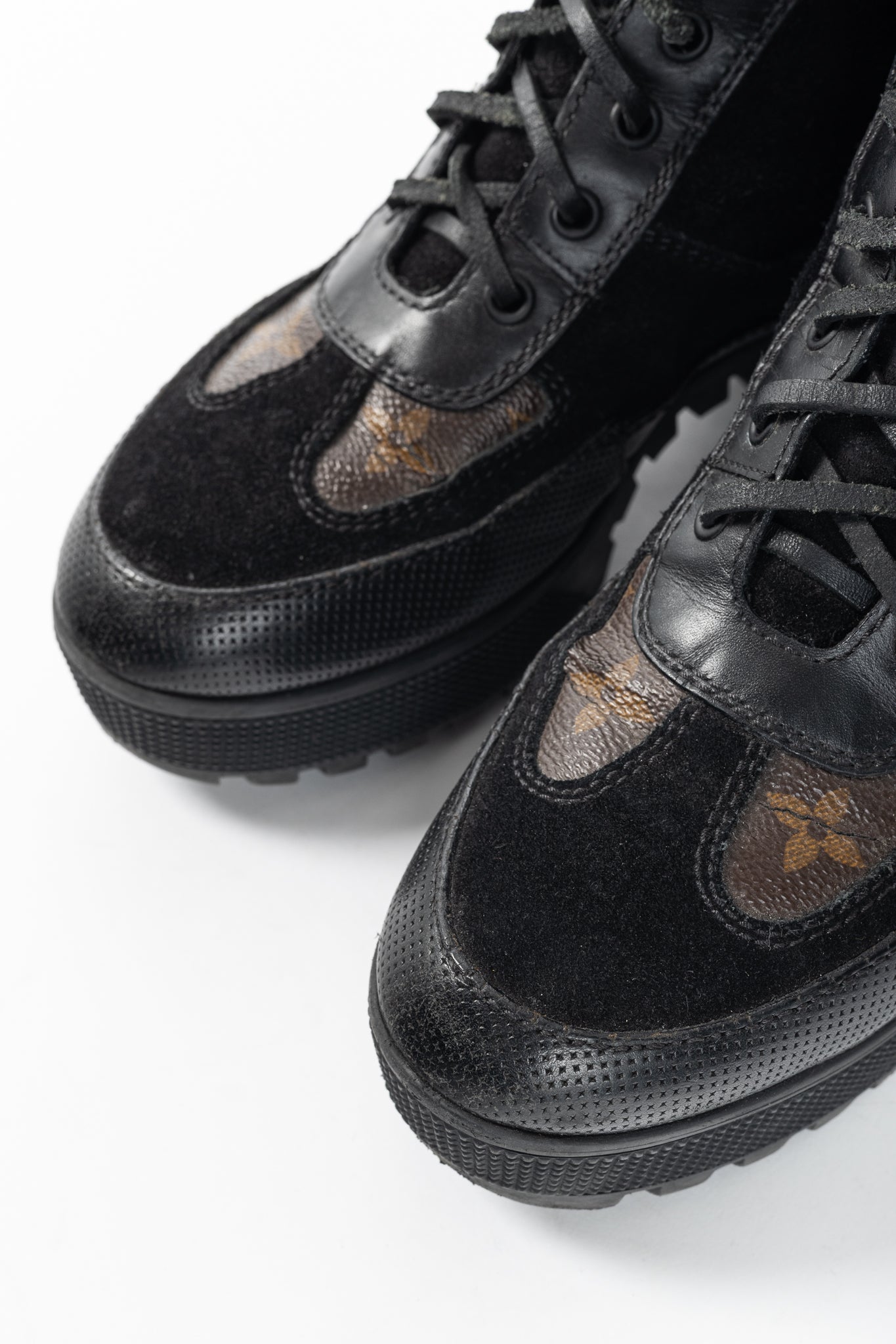 Louis Vuitton Laureate Black Suede & Monogram Canvas Patch-Applique Platform Desert Boots