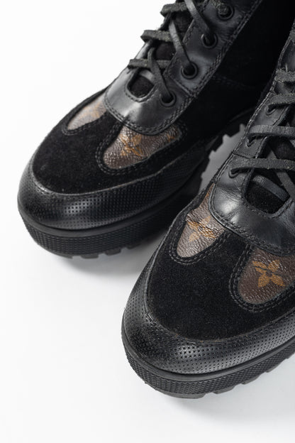 Louis Vuitton Laureate Black Suede & Monogram Canvas Patch-Applique Platform Desert Boots