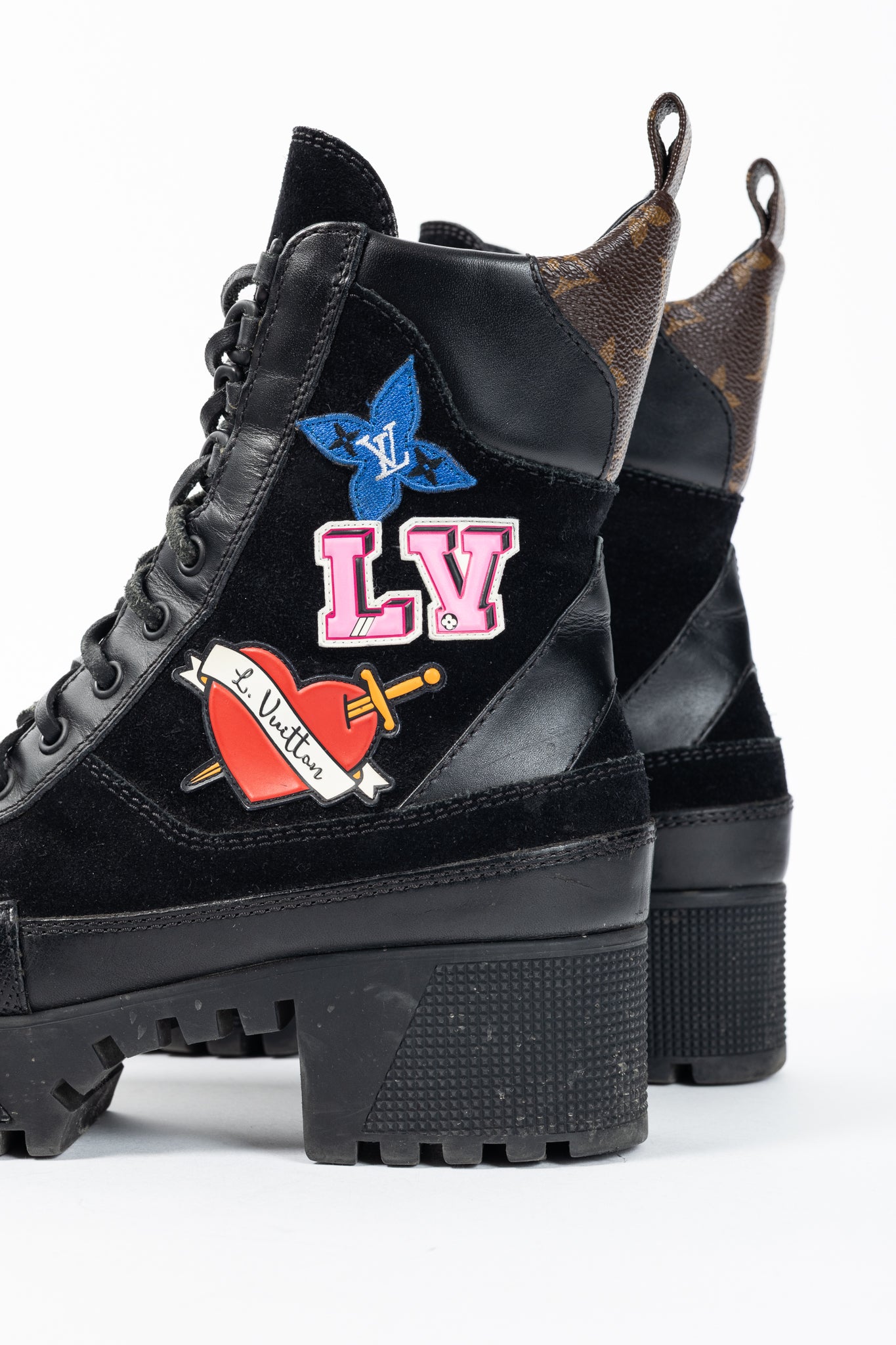 Louis Vuitton Laureate Black Suede & Monogram Canvas Patch-Applique Platform Desert Boots