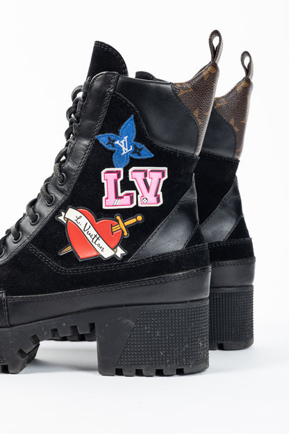 Louis Vuitton Laureate Black Suede & Monogram Canvas Patch-Applique Platform Desert Boots