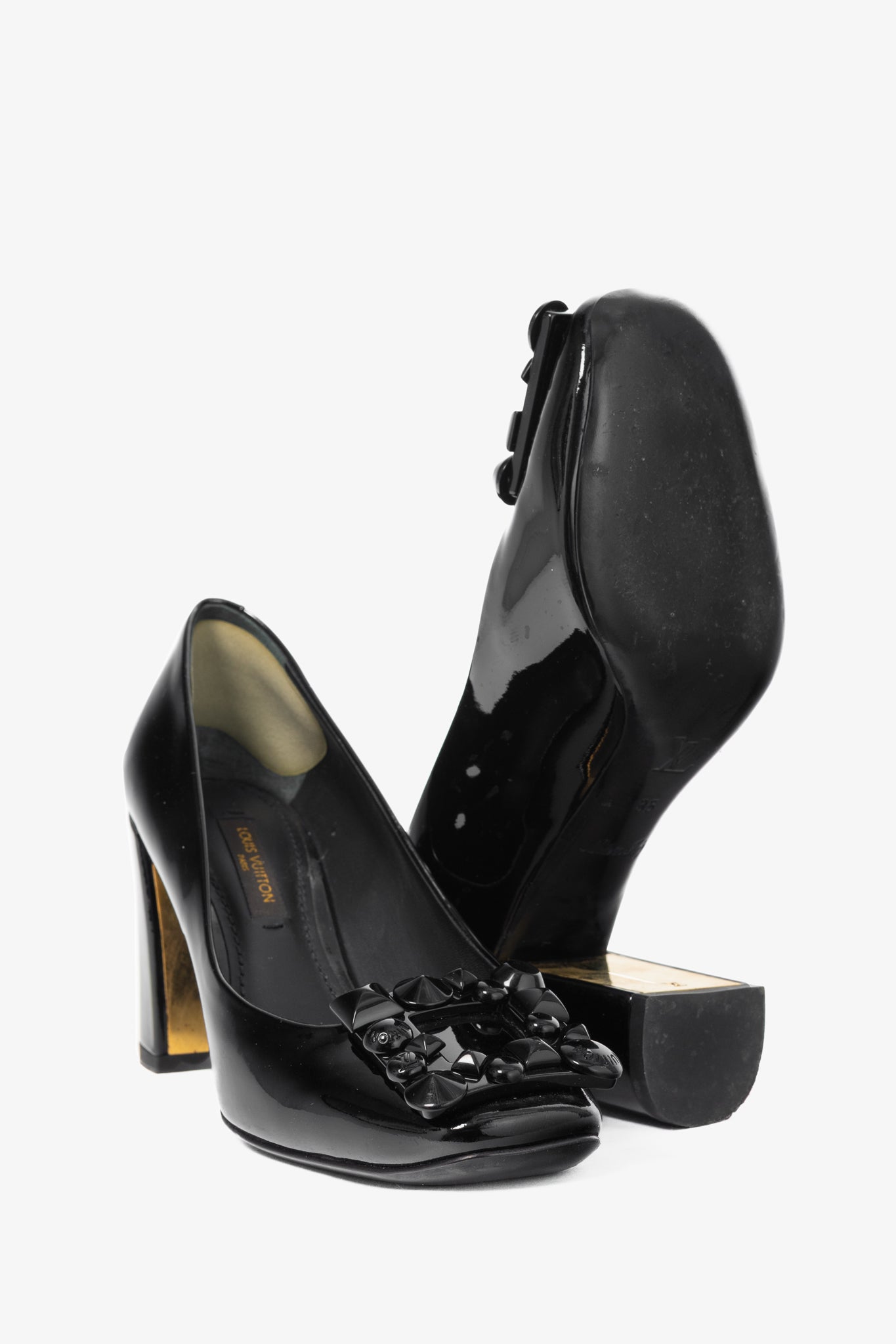 Louis Vuitton Black Patent Leather Embellished-Buckle Pumps