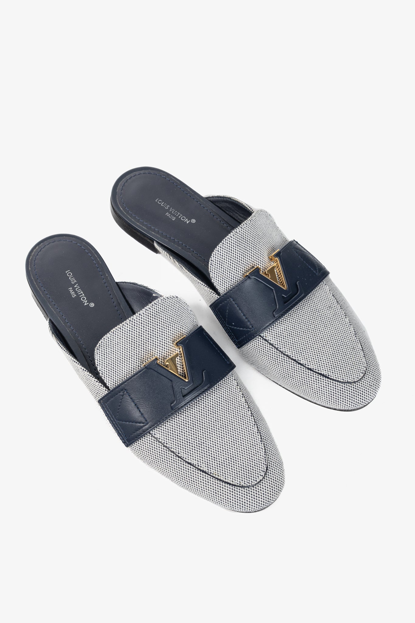 Louis Vuitton LV Mare White & Navy Open Back Loafers