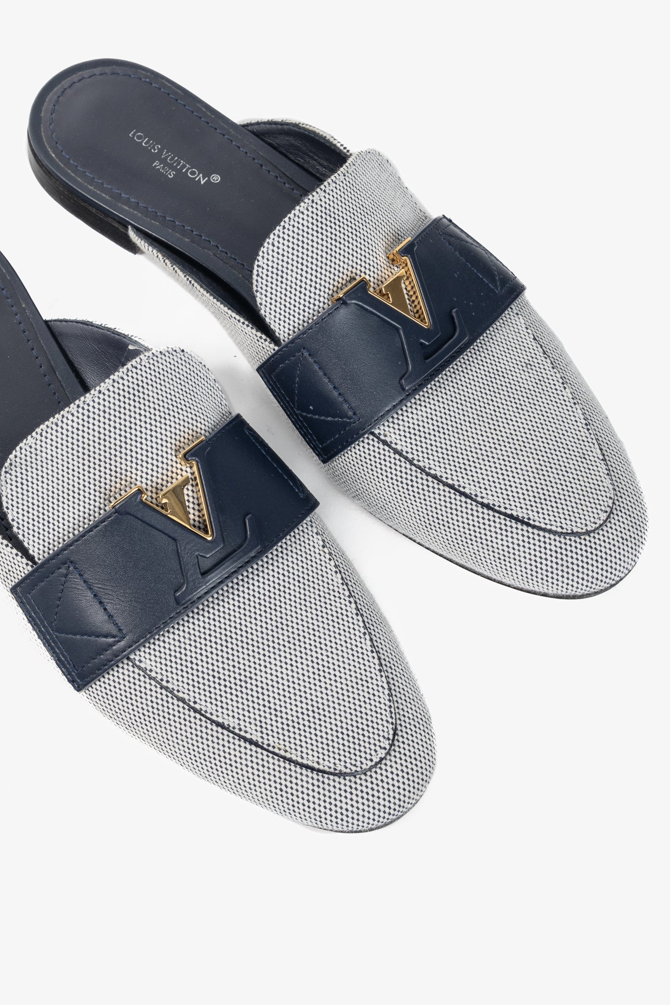 Louis Vuitton LV Mare White & Navy Open Back Loafers